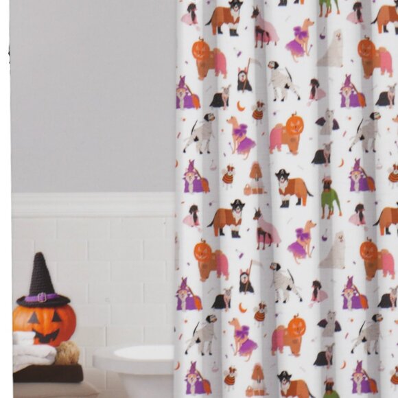Rockhill Home Dog Parade Shower Curtain Halloween Pumpkin Fall Water Repellent - Picture 2 of 7